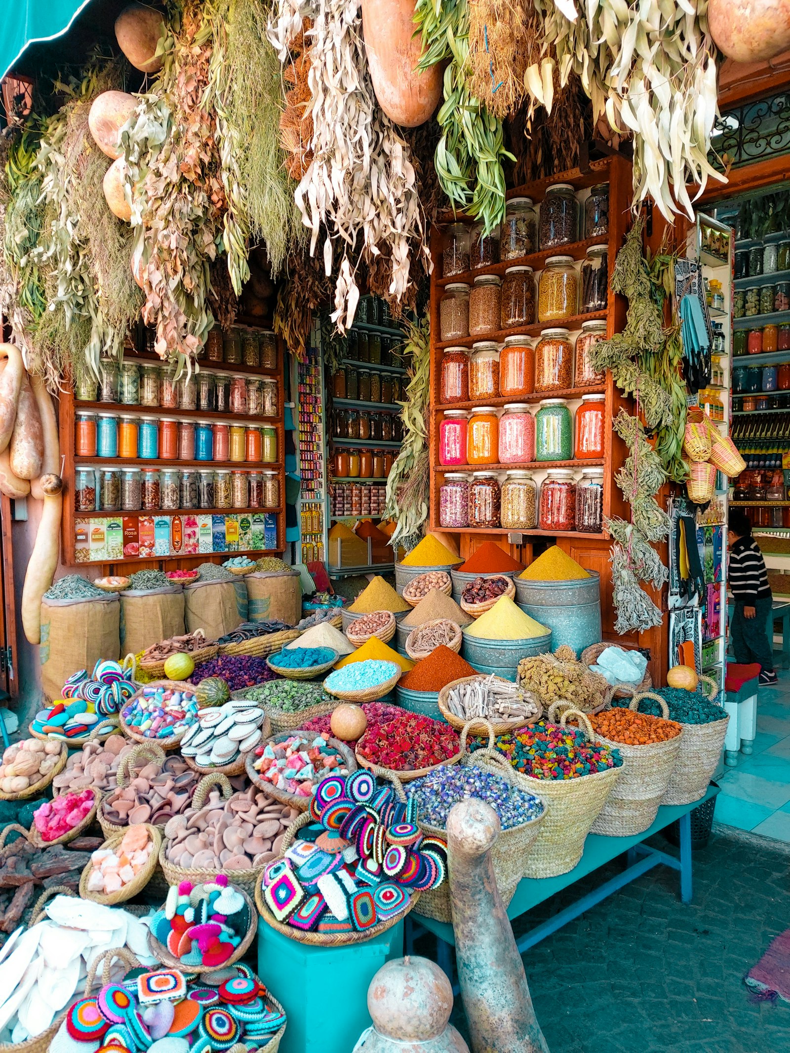 Colourful market stalls in the Marrakech medina